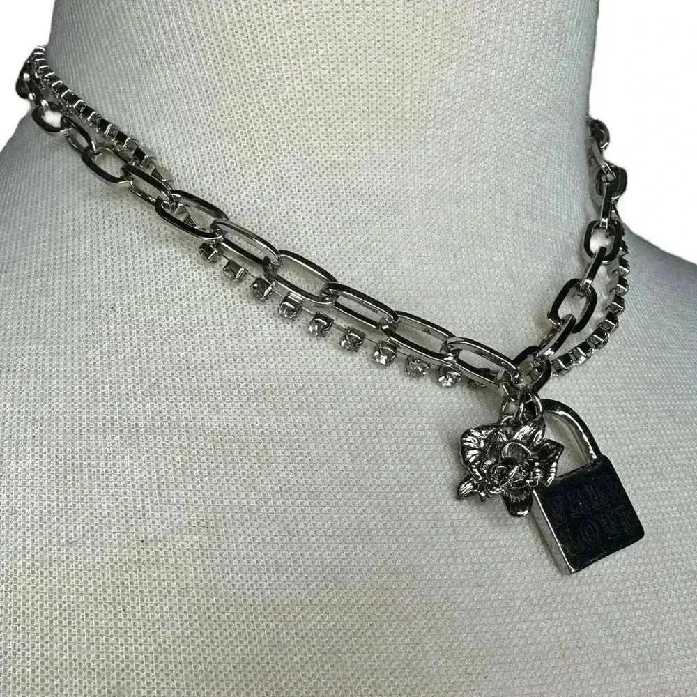 silver layered choker women's chain necklace pink fake love rose pendent lock - Picture 3 of 8